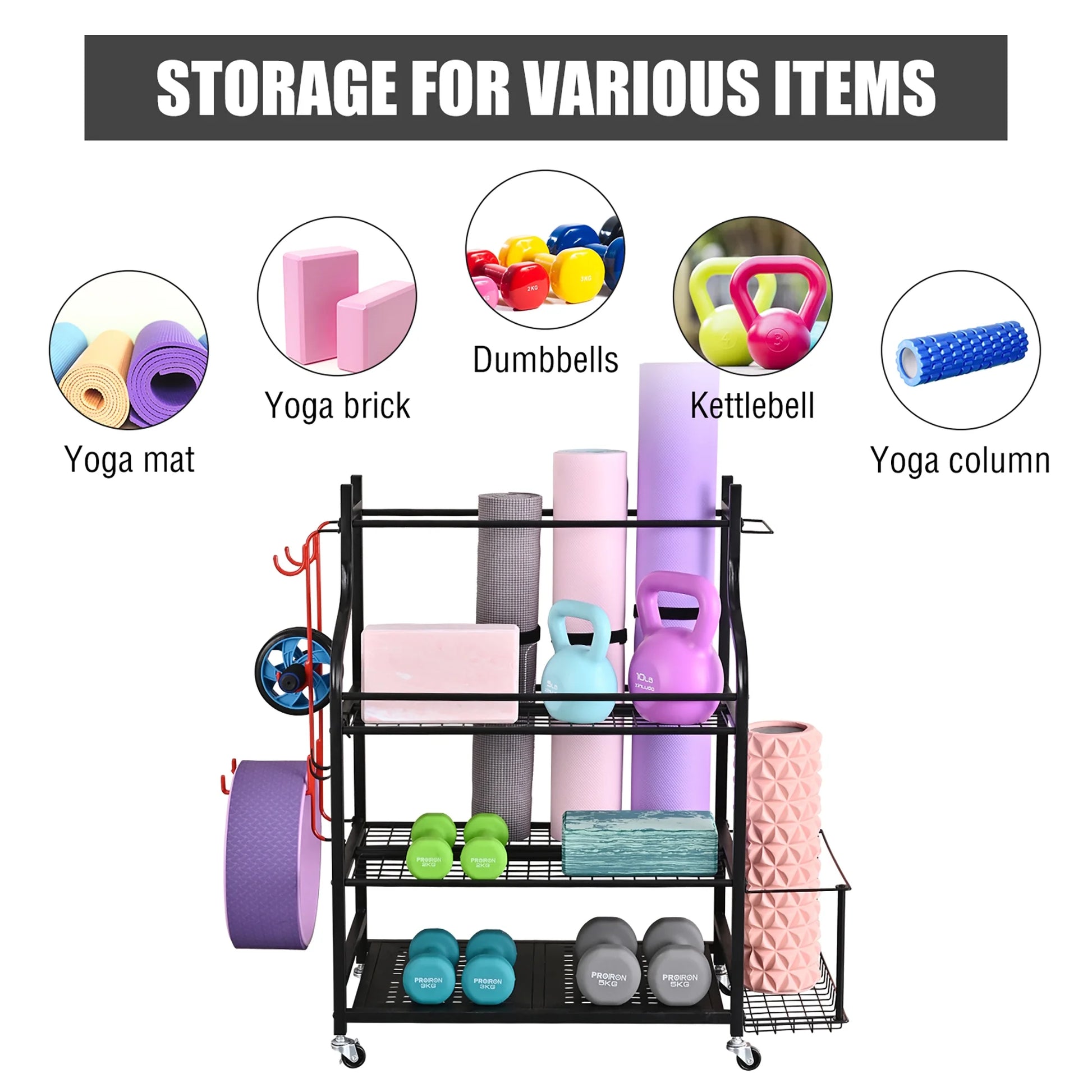 Yoga Mat Storage Racks,Home Gym Storage Rack for Dumbbells Kettlebells Foam Roller, Yoga Strap and Resistance Bands, Workout Equipment Storage Organizer with Hooks and Wheels