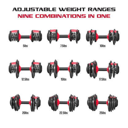 Smartbell 2-Pack, Two 25Lbs. Quick-Select 9 in 1 Adjustable Dumbbell for Home Gym, 5-25Lbs. Weight in 2.5Lbs Increments